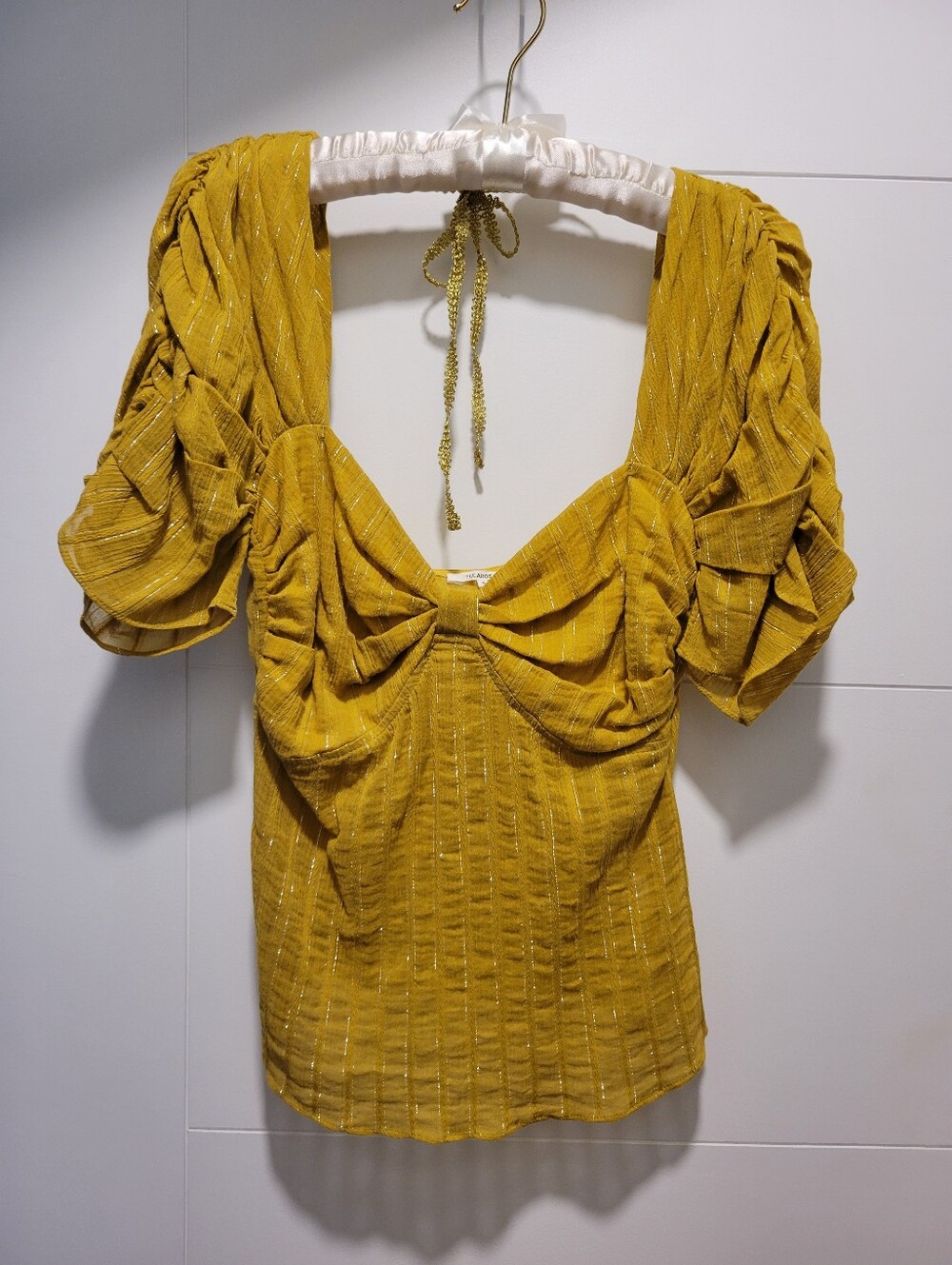 Tularosa Mustard Yellow Ruched Puff-Sleeve Blouse